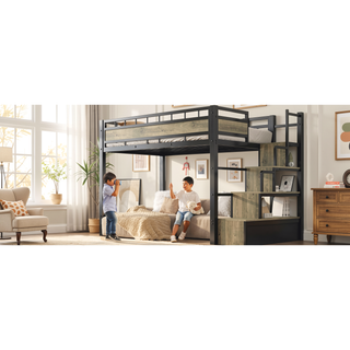 Sunvega Low Loft Bed Twin with Stairs Guardrail for Small Bedroom Spaces