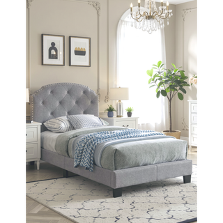 Sunvega Light Gray Finish Twin Size Burlap Fabric Button Tufted Headboard Bed