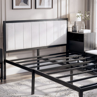 Sunvega Full Size Metal Platform Bed with Two Tier Storage Shelves and Wooden Cabinet