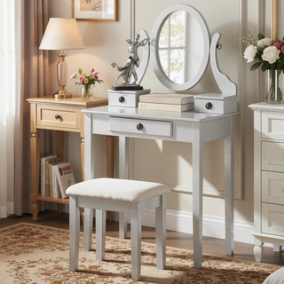 Sunvega Pink Wood Makeup Vanity Table and Stool Set with Mirror and Storage Drawers