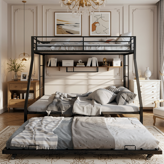 Sunvega High-Stability Square Tube Bunk Bed with Ladder & Rolling Trundle for Home Dormitory