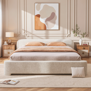 Sunvega Cozy White Bouce Upholstered Bed with Birch Wood Frame for Bedroom