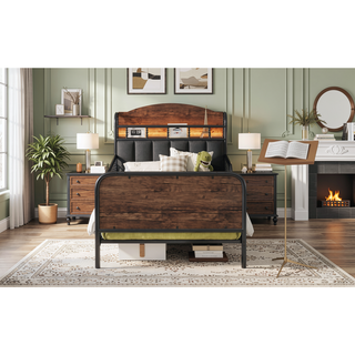 Sunvega Kids Full Metal Bed with Upholstered Headboard LED Lights and Storage