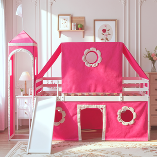 Sunvega Twin Size Loft Bed with Slide Blue Tent and Playhouse Tower for Kids