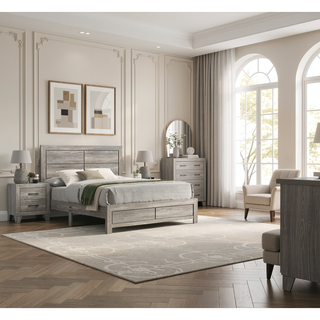 Sunvega Queen Size Platform Bed with Clean-lined Headboard in Gray Wood Grain Finish