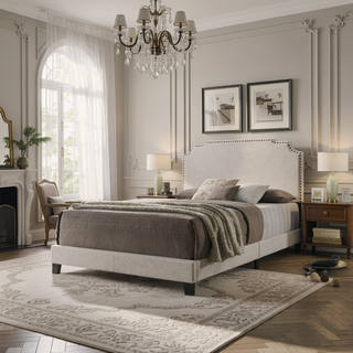 Sunvega Copper Beige Upholstered Eastern King Panel Bed with Classic Headboard and Footboard