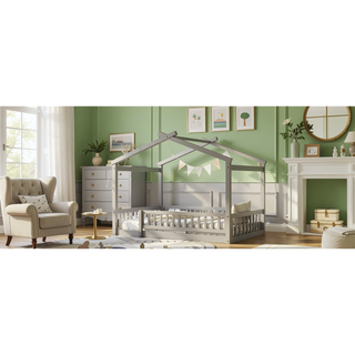 Sunvega Full Size House Bed Frame with Playhouse Fence and Roof for Kids