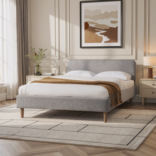 Sunvega Low Profile Upholstered Queen Platform Bed with Headboard Light Grey