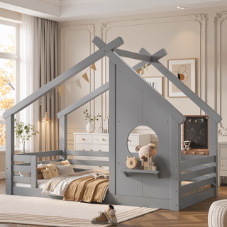 Sunvega White Twin House Floor Bed with Window and Shelf for Kids Room