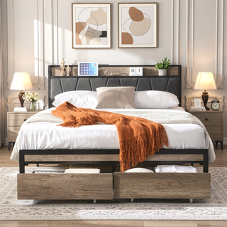 Sunvega Full Size Metal Platform Bed Frame with Upholstery Storage Headboard and Footboard