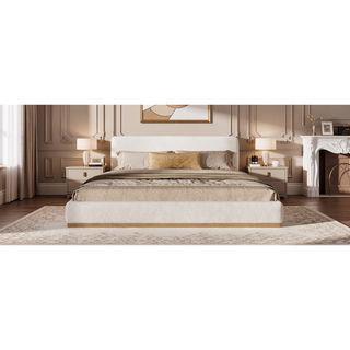 Sunvega Upholstered King Bed With Solid Wood Frame And Wooden Slatted Base White