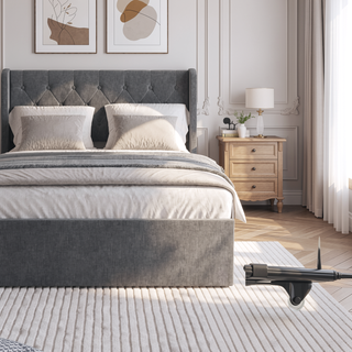 Sunvega Dark Grey Full Size Bed Frame with 4 Storage Drawers and Wingback Headboard