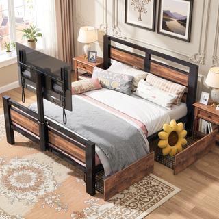 Sunvega Twin Size Metal Platform Bed with MDF Headboard and Two Storage Drawers