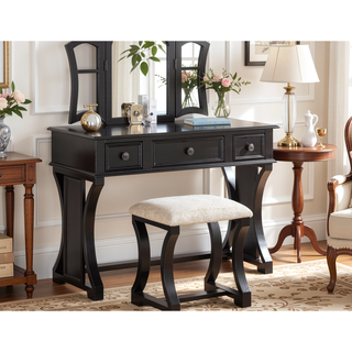 Sunvega Black Modern Bedroom Vanity Set with Stool Foldable Mirror and Drawers