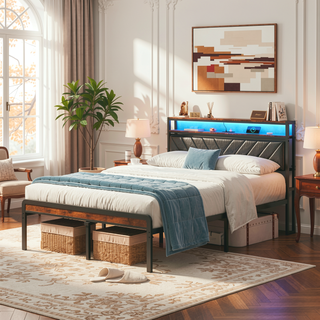 Sunvega Full Size Metal Platform Bed Frame with Adjustable Upholstered Headboard and RGB LED Lights
