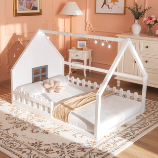Sunvega Full Size Wood House Bed with Fence Window and LED Lights
