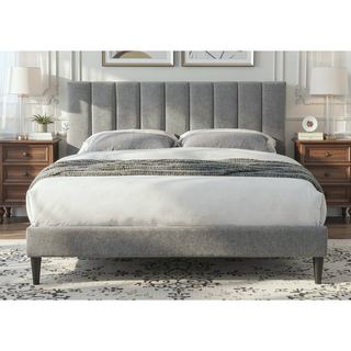 Sunvega Queen Upholstered Pleated Bed in a Box with Sturdy Dark Brown Frame