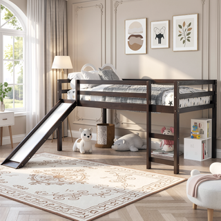 Sunvega Twin Size Wood Loft Bed with Slide Ladder and Guard Rails for Safety