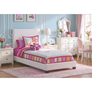 Sunvega Twin Size Upholstered Bed Frame in White Leather Look with Simplistic Headboard