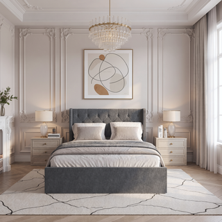 Sunvega Dark Grey Full Size Bed Frame with 4 Storage Drawers and Wingback Headboard