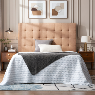 Sunvega Beige Linen-Inspired Upholstered Tufted Headboard for Full XL Beds