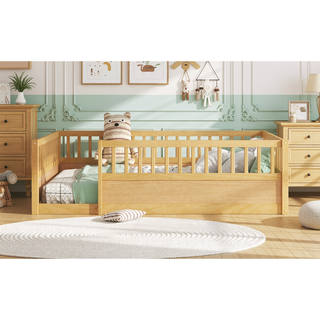 Sunvega Montessori Wooden Children's Floor Bed Frame with High Safety Fence