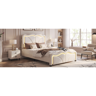 Sunvega Pink Twin Size Upholstered Bed with Height-Adjustable Headboard and LED Light Strips