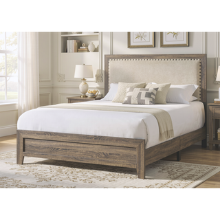 Sunvega Brown Cherry Finish Contemporary Fabric Panel Bed in One Box