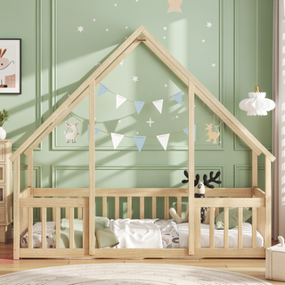 Sunvega Twin Wood House Floor Bed with Guardrail Fence in Grey