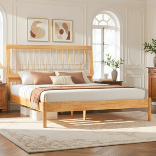 Sunvega Mid-Century Modern Solid Pine Wood Queen Spindle Bed with Slat-Back Design