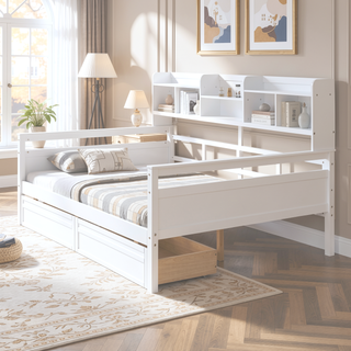 Sunvega Twin Size Daybed with Wood Slat Support, Bedside Shelf, and Two Drawers
