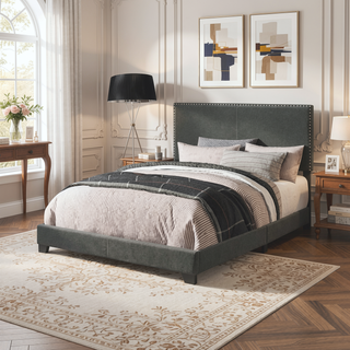 Sunvega Guyancourt Charcoal Upholstered Eastern King Panel Bed with Nailhead Trim