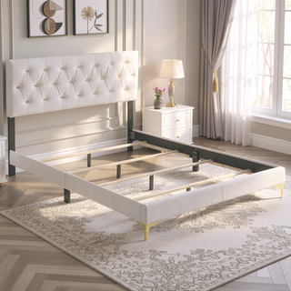 Sunvega Queen Panel Bed with Diamond Tufted Headboard and Gold Legs