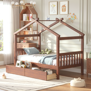 Sunvega Twin Size Wooden House Bed with Drawers and Headboard for Kids Room