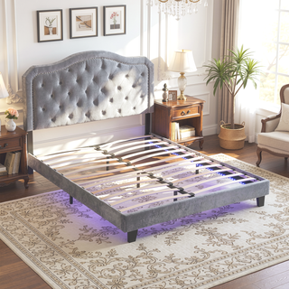 Sunvega King Size Upholstered Platform Bed with Button Tufted Linen Headboard