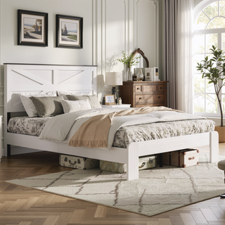 Sunvega Industrial Style Wood Platform King Bed Frame with Headboard and Storage