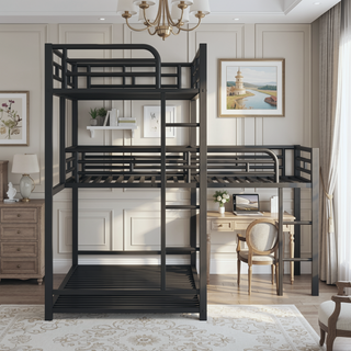 Sunvega Sturdy Metal Triple Twin Size L-Shaped Bunk Bed with Ladder