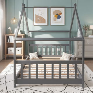 Sunvega Twin Size Gray Playhouse Design Wood Bed with Sturdy Pinewood Frame