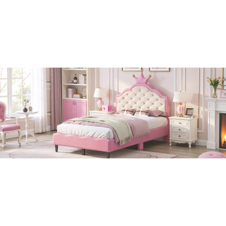 Sunvega Lovely Crown Fantasy PU Leather Princess Bed with Tufted Headboard