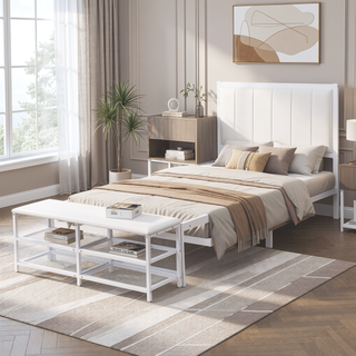 Sunvega Full Size Metal Platform Bed with Two Tier Storage Shelves and Wooden Cabinet