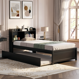 Sunvega White Twin Trundle Bed with Storage Headboard and Bookcase