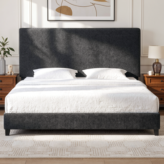 Sunvega King Size Charcoal Grey Upholstered Platform Bed with Padded Headboard