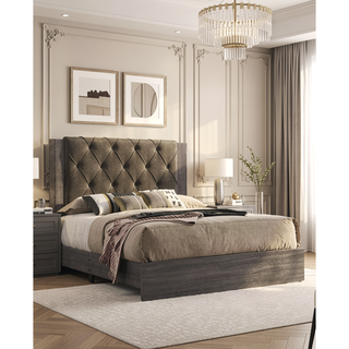 Sunvega Fabric Upholstered Button Tufted Panel Bed with Wooden Frame