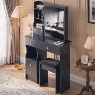 Sunvega Small Space Left Drawer Desktop Vanity Table with Cushioned Stool