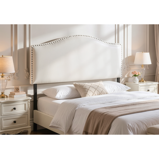 Sunvega Upholstered White Leather Look Headboard with Chrome Nailhead Trim for Full Size Bed