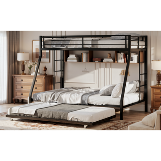 Sunvega High-Stability Square Tube Bunk Bed with Ladder & Rolling Trundle for Home Dormitory