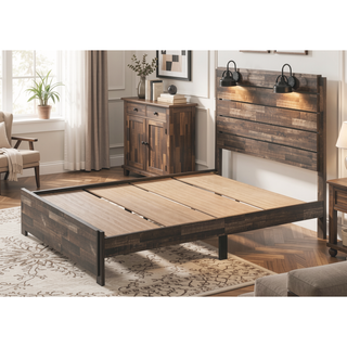 Sunvega Rustic Style Butcher Block Finish Queen Size Wood Platform Bed with Lamps