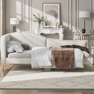 Sunvega Modern Upholstered Twin Daybed with Headboard Armrest Linen Fabric