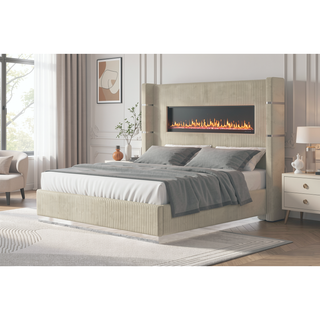 Sunvega Queen Size Upholstered Bed with Electric Fireplace and Bluetooth Speakers in Gray Velvet