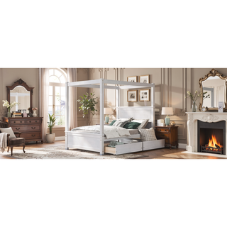 Sunvega Modern Wood Canopy Bed with Two Drawers and Brushed White Finish